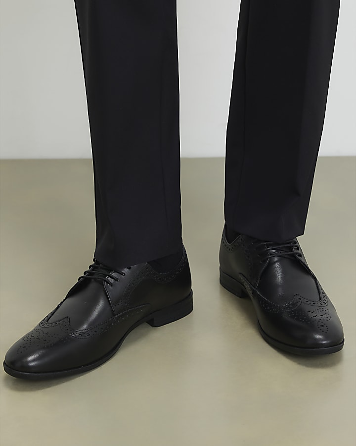 Black Wide Fit Leather Brogue Shoes