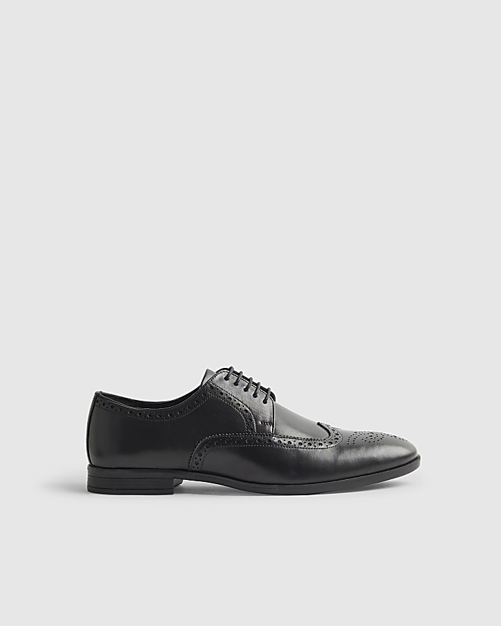 Black Wide Fit Leather Brogue Shoes