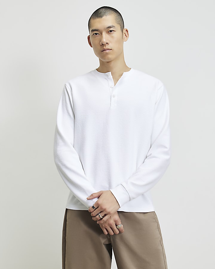 White Regular Fit Cotton Henley Neck T-Shirt