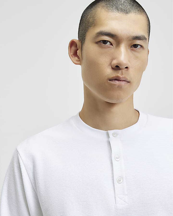 White Regular Fit Cotton Henley Neck T-Shirt