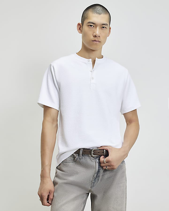 White Regular Fit Cotton Henley Neck T-Shirt