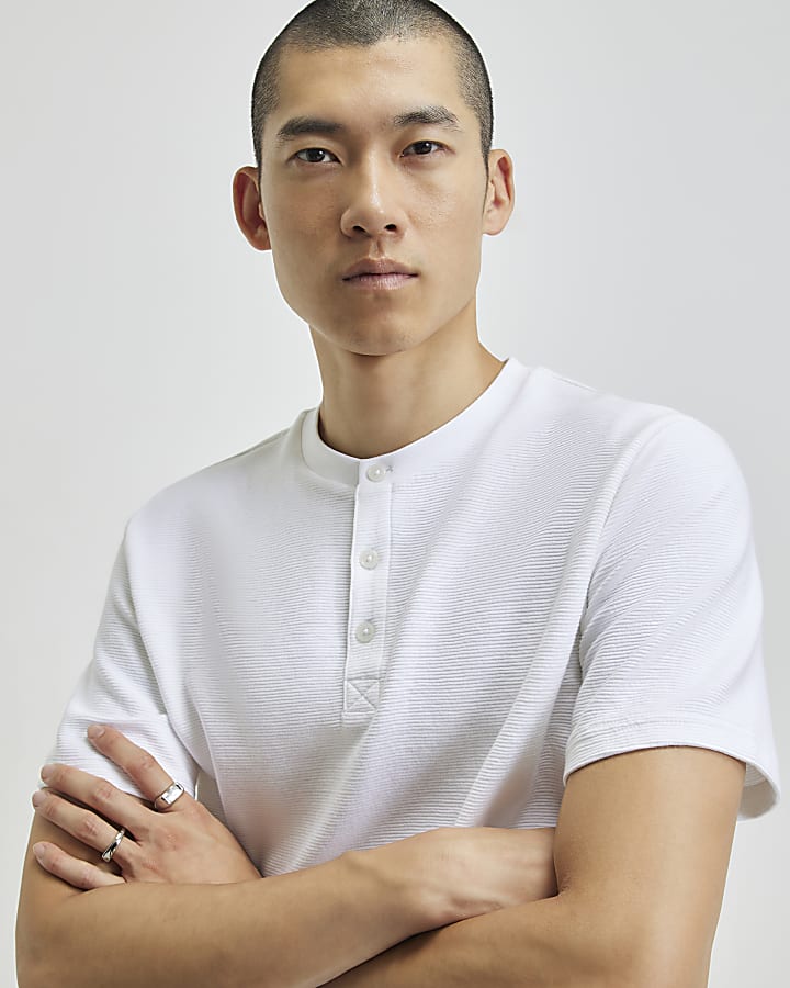 White Regular Fit Cotton Henley Neck T-Shirt