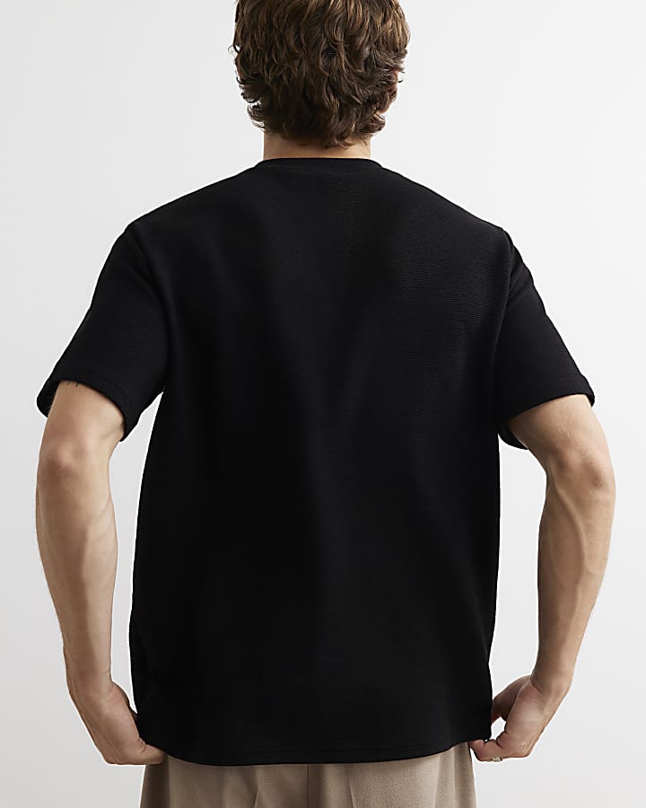 Black Regular Fit Cotton Henley Neck T-Shirt