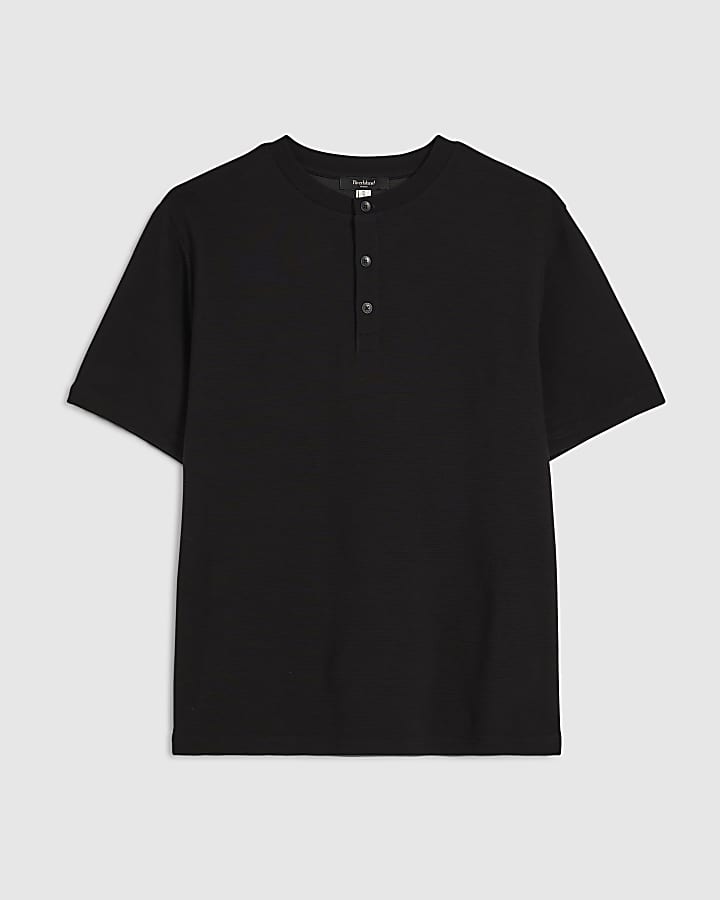 Black Regular Fit Cotton Henley Neck T-Shirt