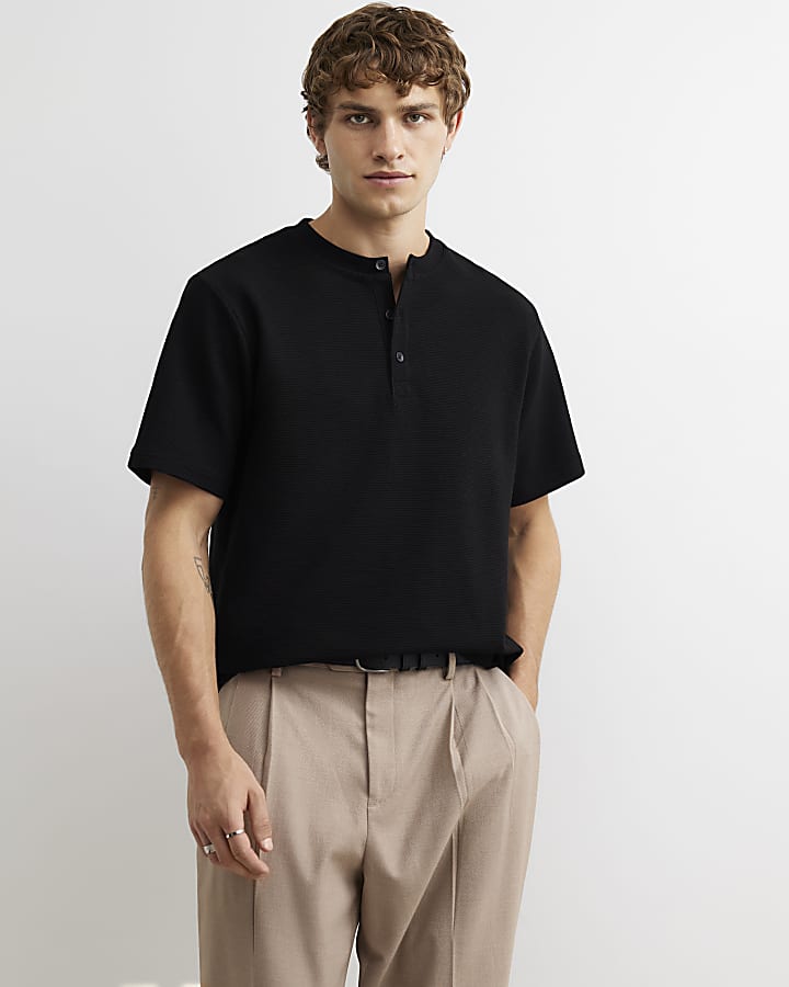 Black Regular Fit Cotton Henley Neck T-Shirt