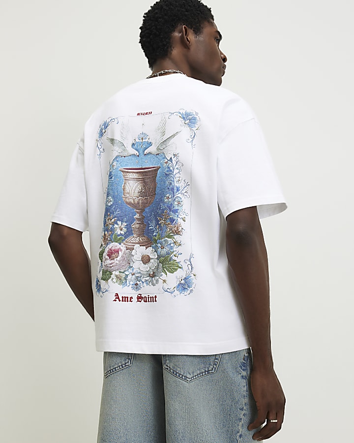 White Oversized Floral Dove T-Shirt