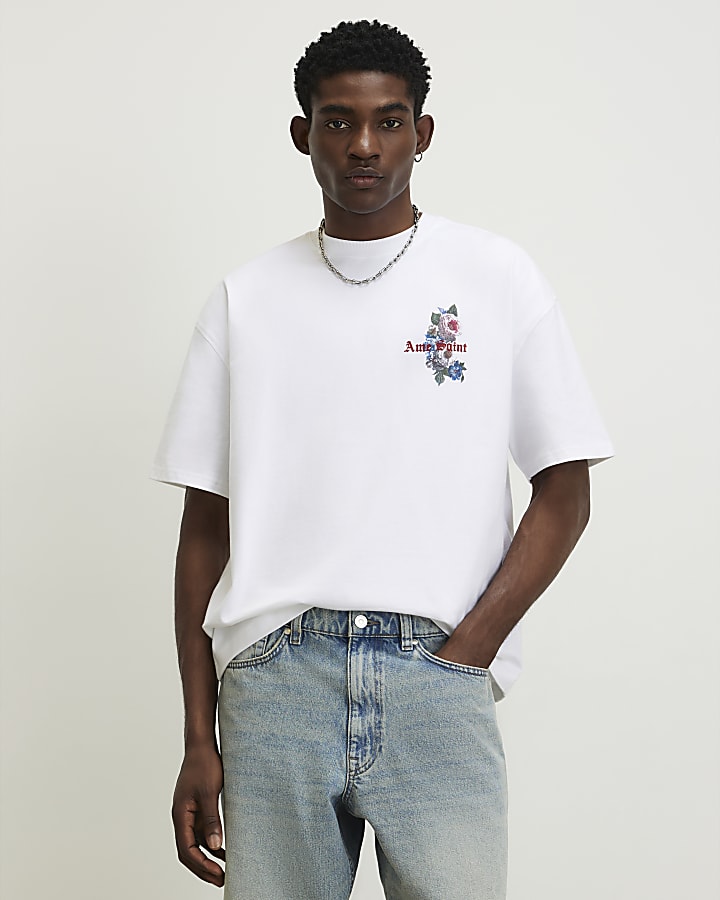 White Oversized Floral Dove T-Shirt