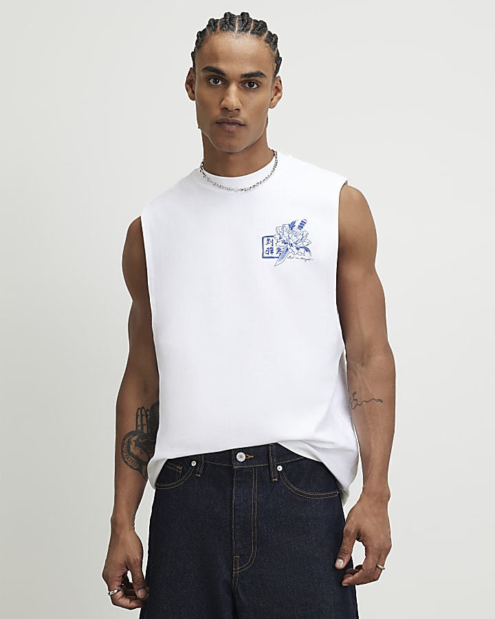 White Regular Fit Japanese Floral Tank Top