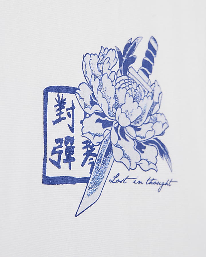 White Regular Fit Japanese Floral Tank Top