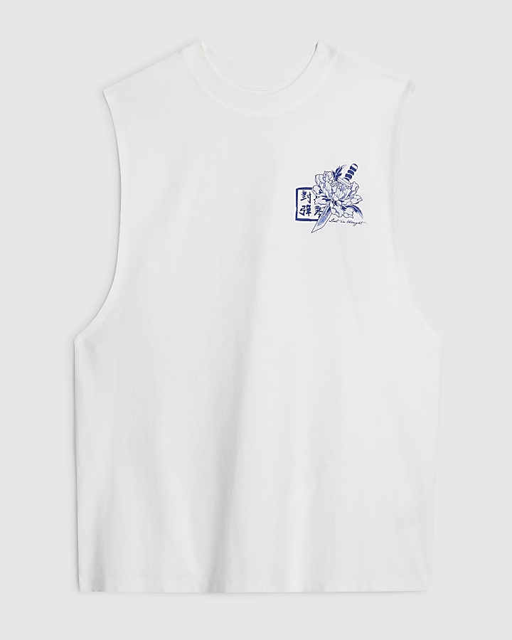 White Regular Fit Japanese Floral Tank Top