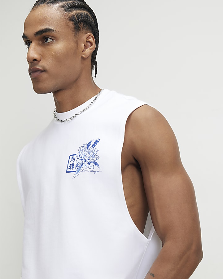 White Regular Fit Japanese Floral Tank Top