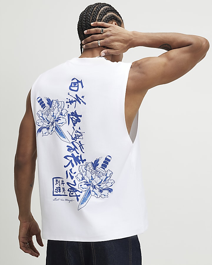 White Regular Fit Japanese Floral Tank Top