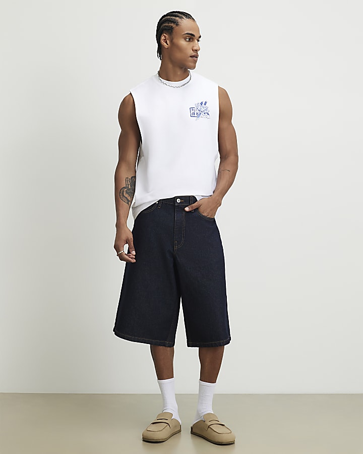 White Regular Fit Japanese Floral Tank Top