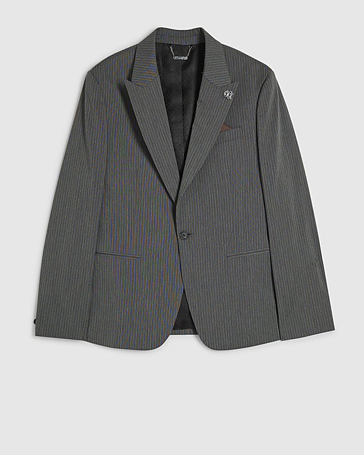 Grey Slim Fit Pinstripe Suit Jacket