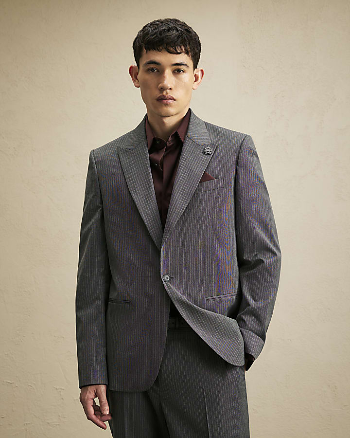 Grey Slim Fit Pinstripe Suit Jacket