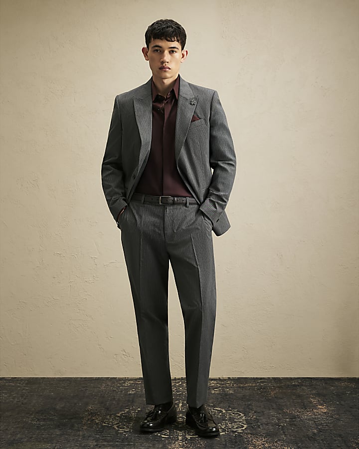 Grey Slim Fit Pinstripe Suit Jacket