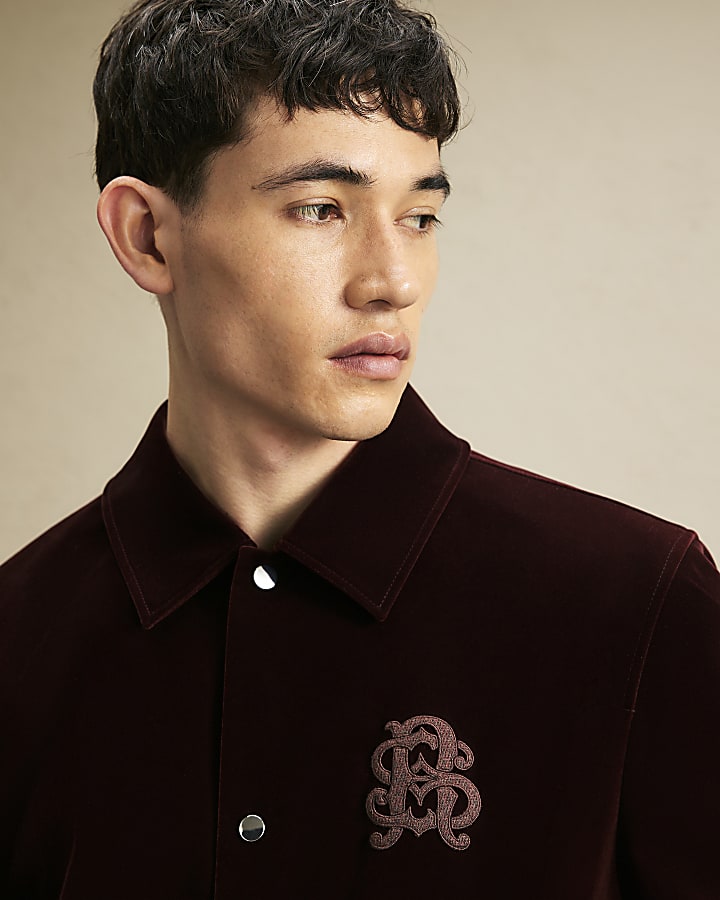 Burgundy Embroidered Velvet Harrington Jacket
