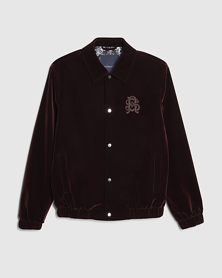 Burgundy Embroidered Velvet Harrington Jacket