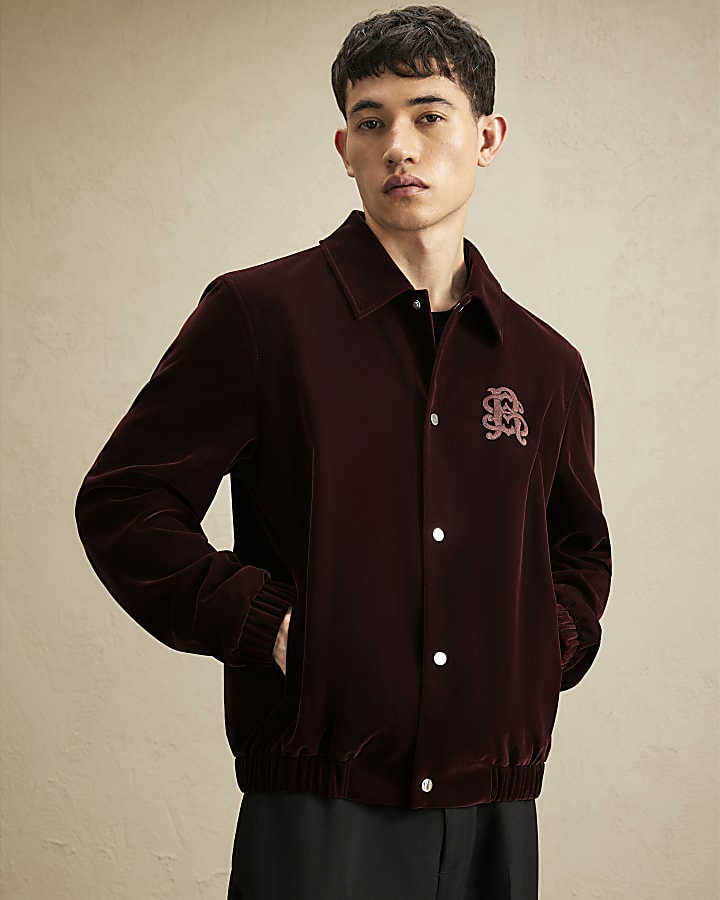 Burgundy Embroidered Velvet Harrington Jacket