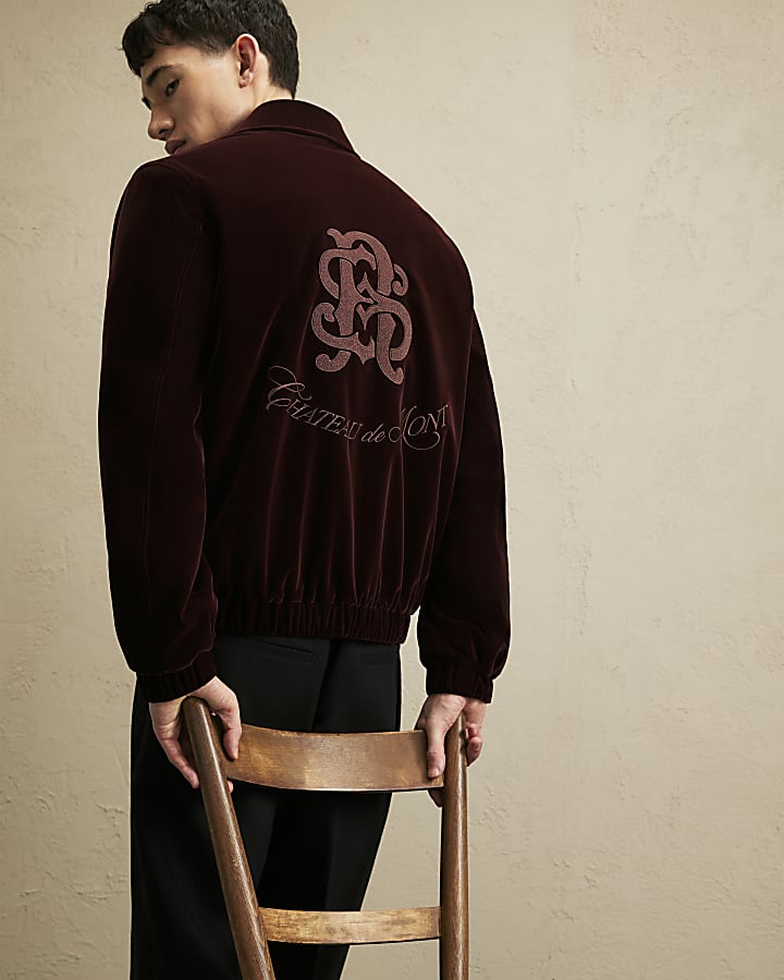 Burgundy Embroidered Velvet Harrington Jacket