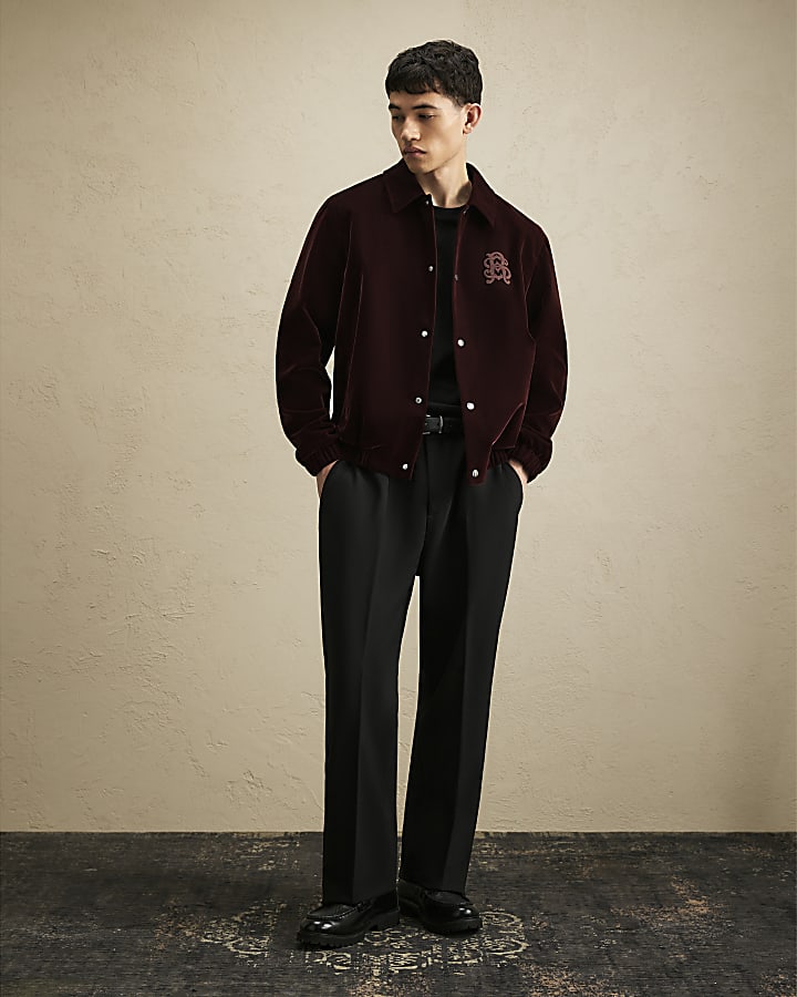 Burgundy Embroidered Velvet Harrington Jacket