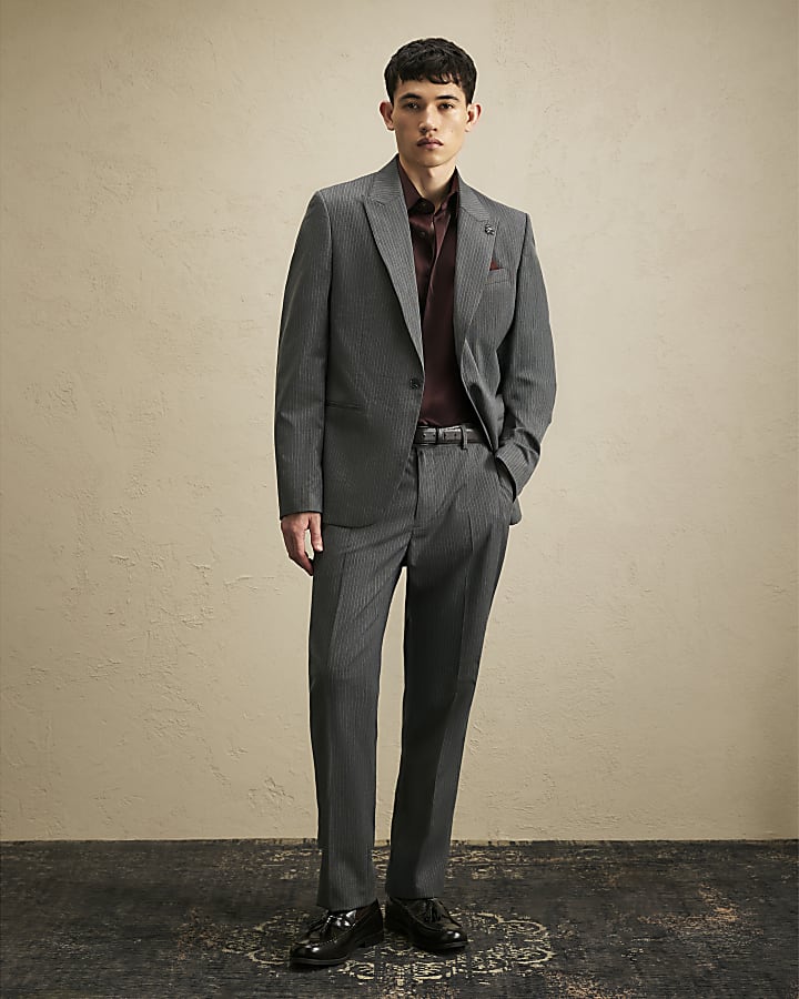 Grey Slim Fit Pinstripe Suit Trousers