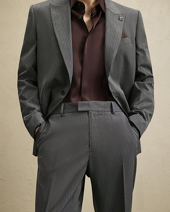 Grey Slim Fit Pinstripe Suit Trousers