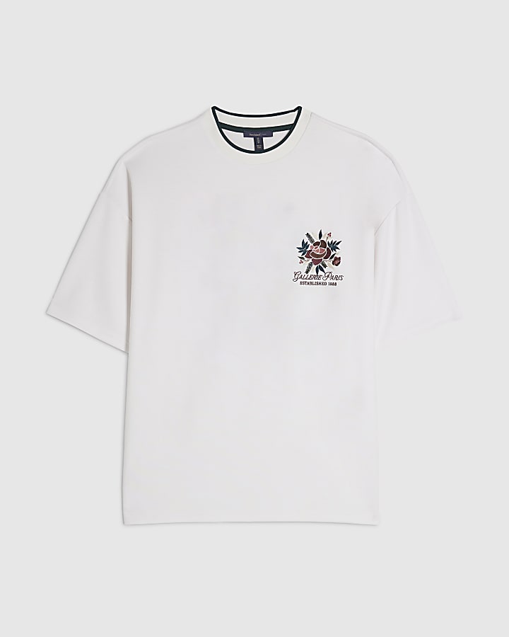 White Oversized Floral Embroidered T-Shirt