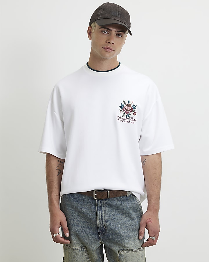 White Oversized Floral Embroidered T-Shirt