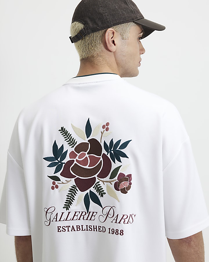 White Oversized Floral Embroidered T-Shirt