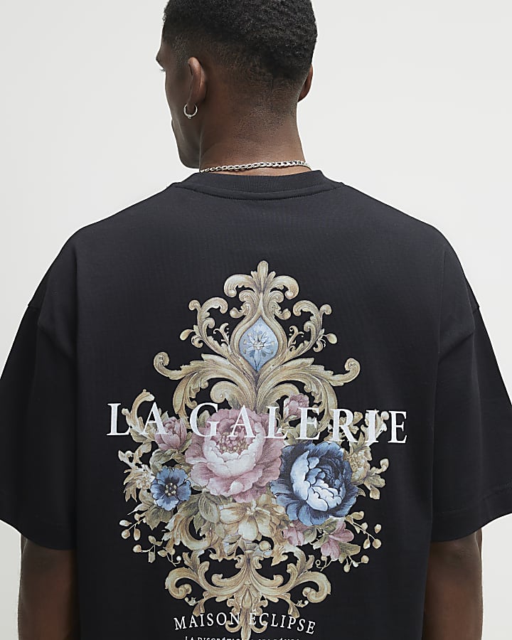 Black Oversized Cotton Floral Baroque T-Shirt