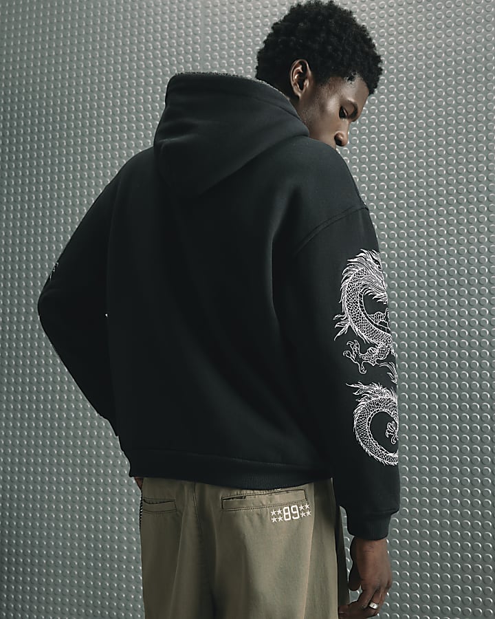 Black Cotton Japanese Print Borg Lined Hoodie