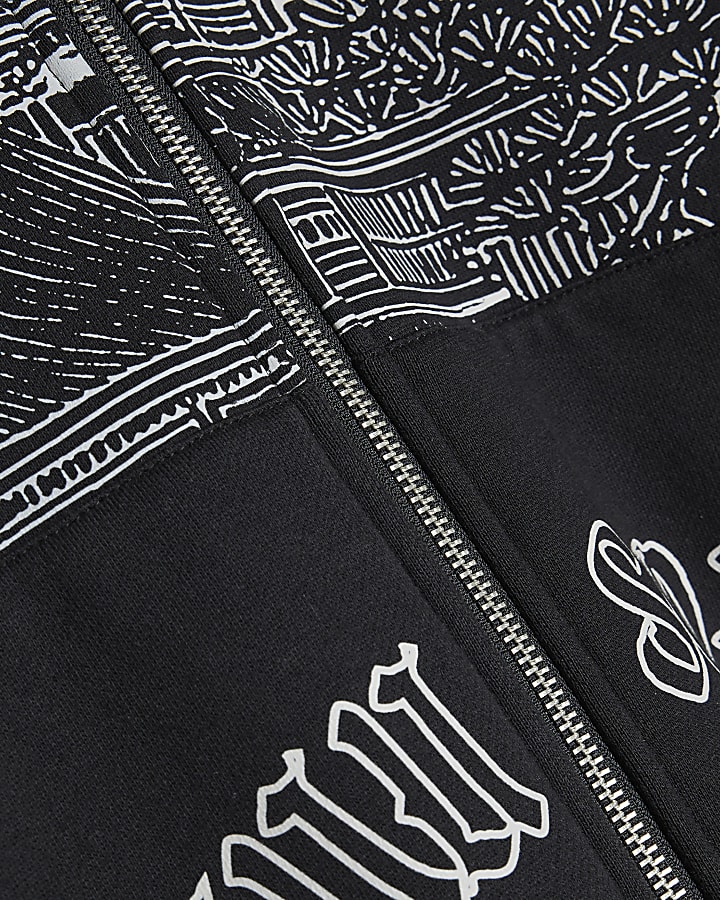 Black Cotton Japanese Print Borg Lined Hoodie