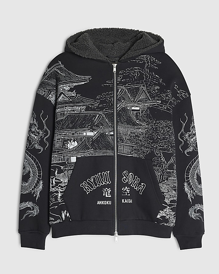 Black Cotton Japanese Print Borg Lined Hoodie