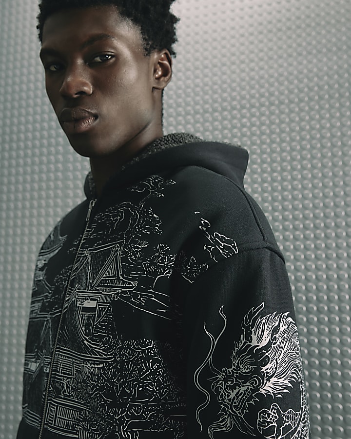 Black Cotton Japanese Print Borg Lined Hoodie