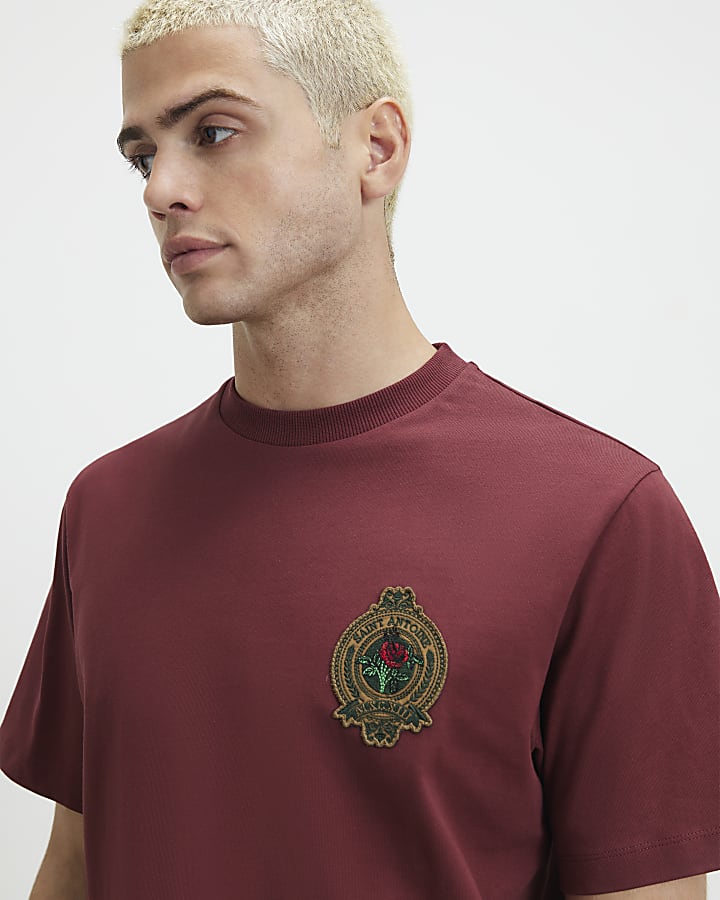 Red Regular Fit Cotton Saint Crest T-Shirt