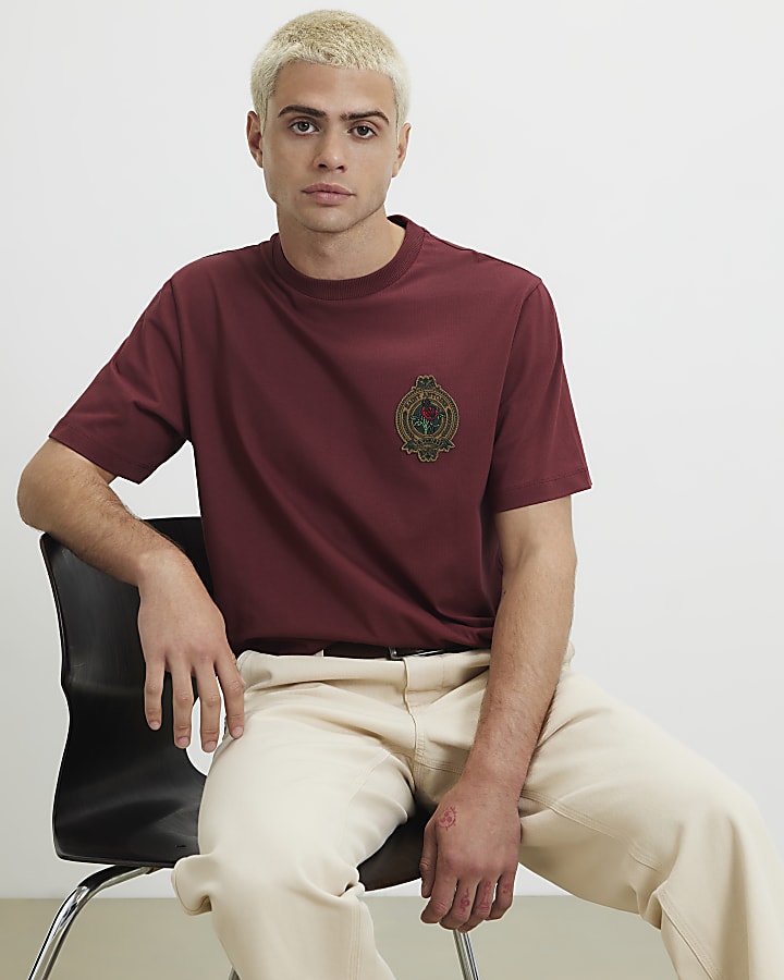 Red Regular Fit Cotton Saint Crest T-Shirt