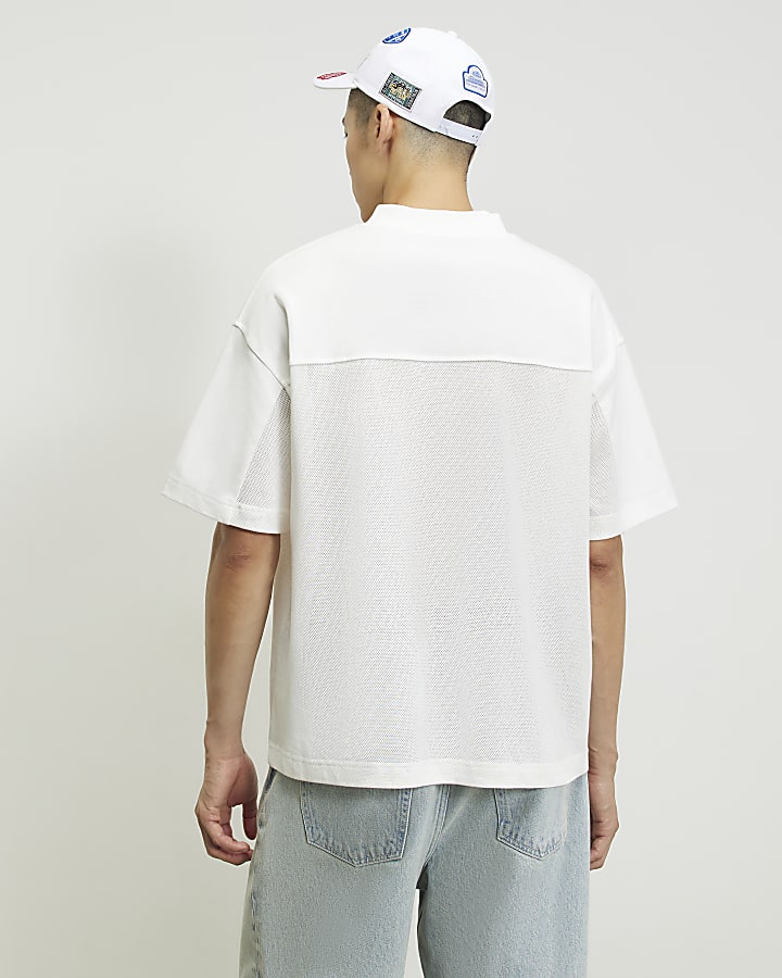 White Cotton Mesh Block V Neck Top