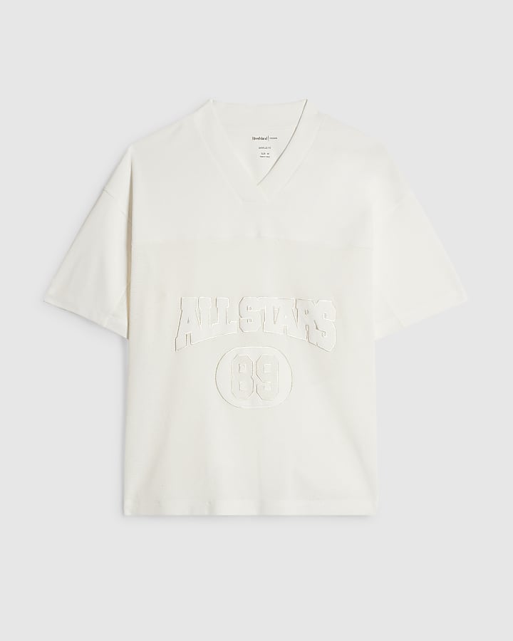 White Cotton Mesh Block V Neck Top
