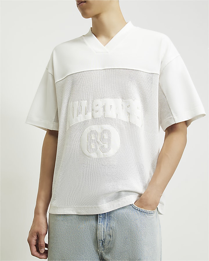 White Cotton Mesh Block V Neck Top