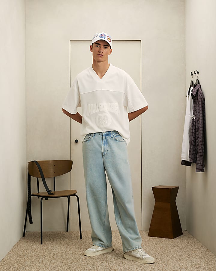 White Cotton Mesh Block V Neck Top