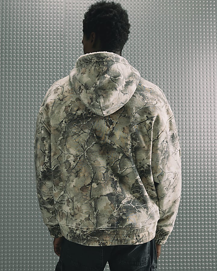 Green Cotton Camo Print Quilted Lined Hoodie