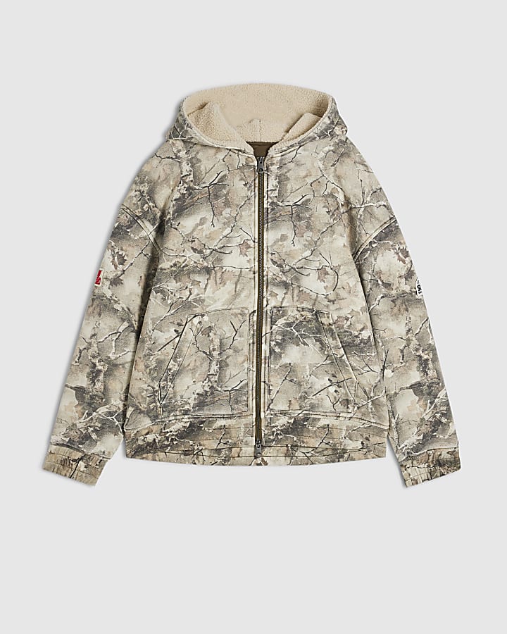 Green Cotton Camo Print Quilted Lined Hoodie