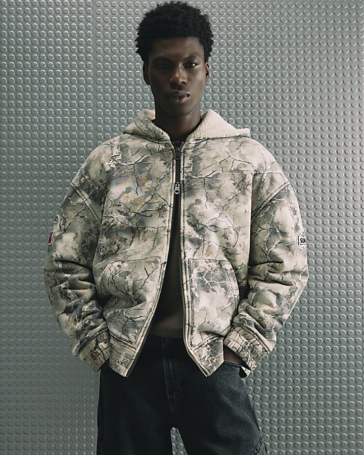 Green Cotton Camo Print Quilted Lined Hoodie