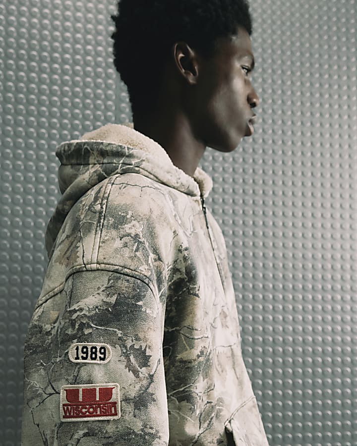 Green Cotton Camo Print Quilted Lined Hoodie