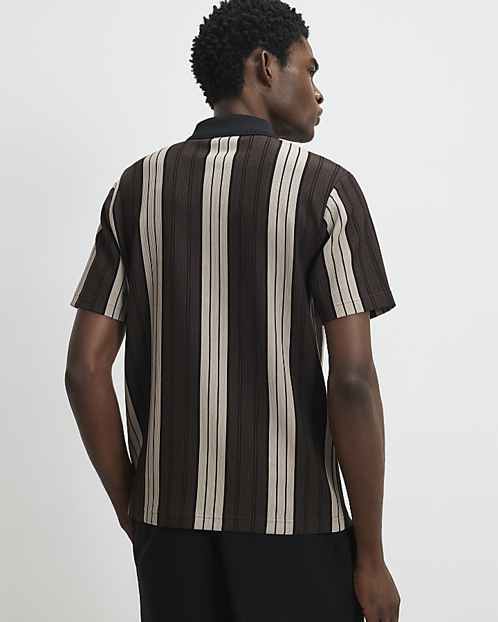 Brown Slim Fit Stripe Zip Textured Polo Shirt