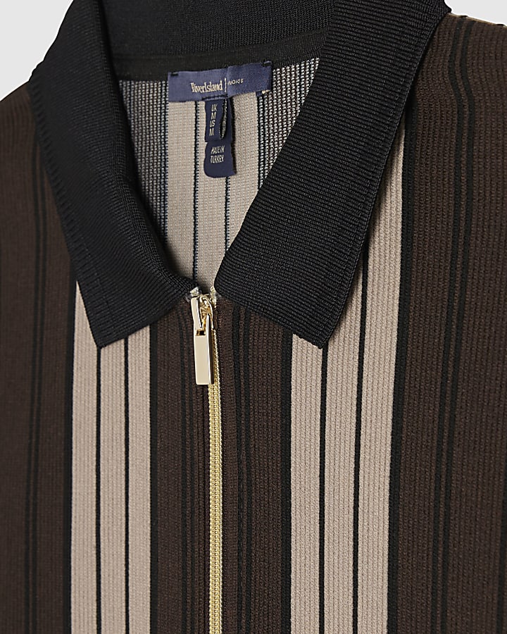 Brown Slim Fit Stripe Zip Textured Polo Shirt