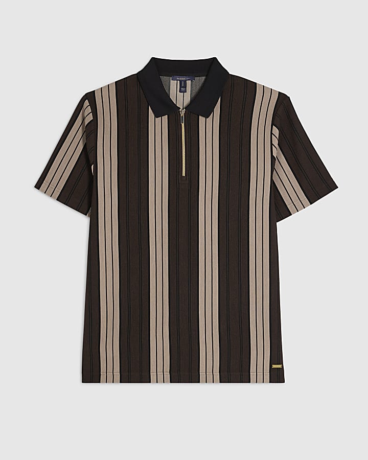 Brown Slim Fit Stripe Zip Textured Polo Shirt
