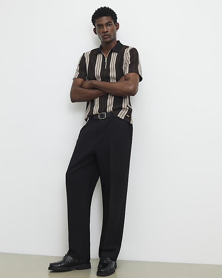 Brown Slim Fit Stripe Zip Textured Polo Shirt