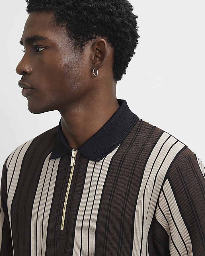 Brown Slim Fit Stripe Zip Textured Polo Shirt
